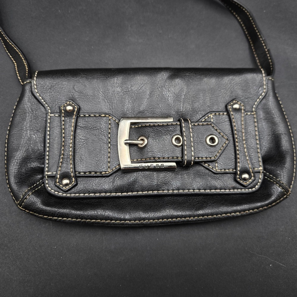 Y2K Vintage Guess Black Faux Leather Buckle Shoulder Bag Baguette Tan Stitching